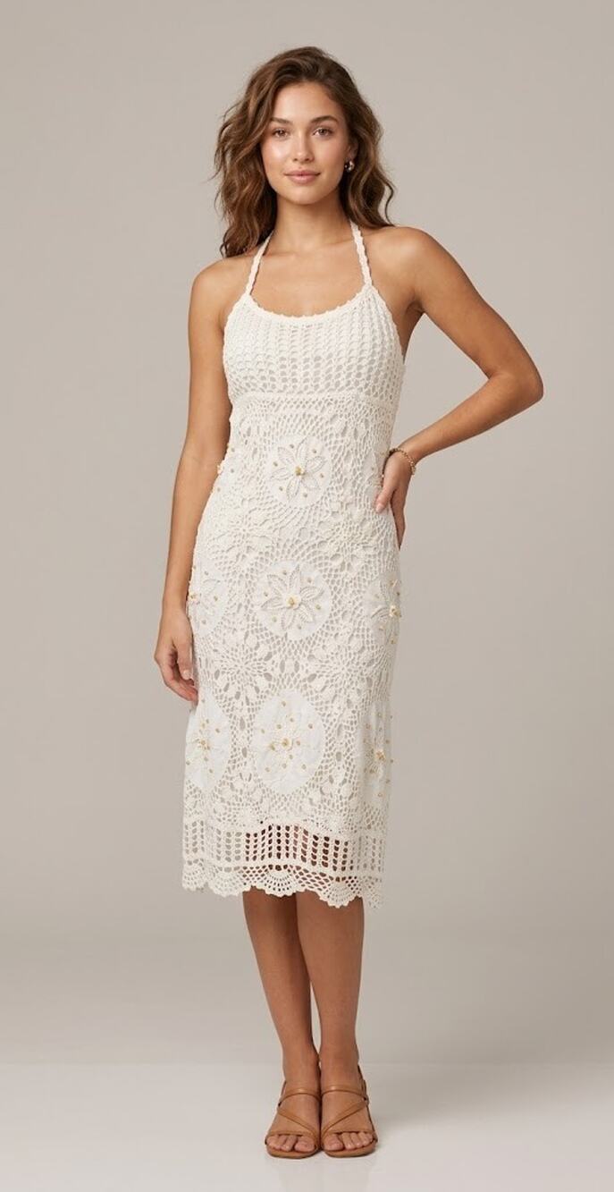 Sue Wong Medallion Crochet Halter Dress Ivory US 6 New Y2K